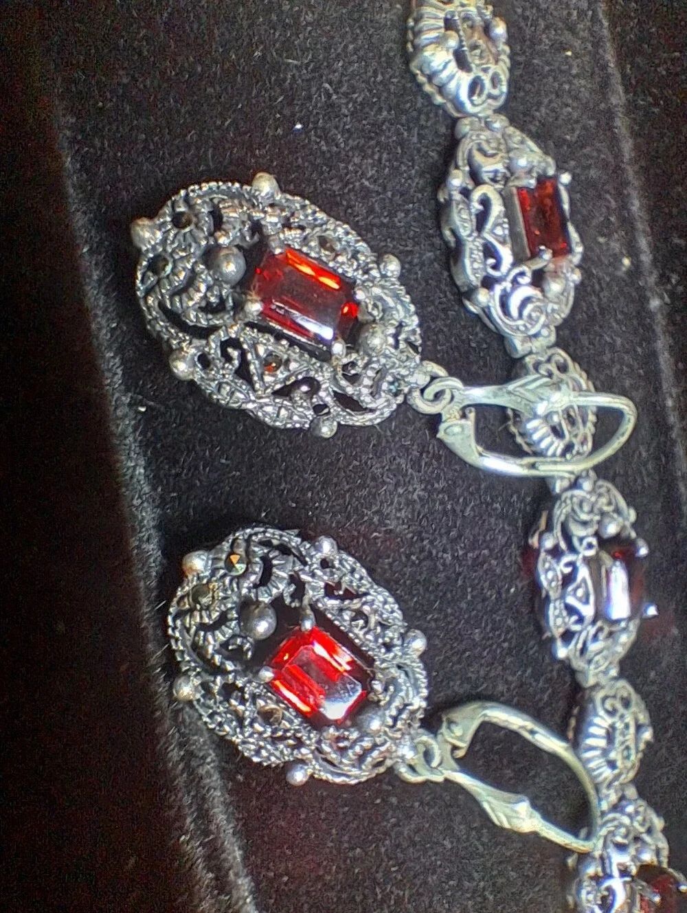 VTG 925 Sterling Silver Garnet Marcasite Filigree Link Bracelet & Earrings Set